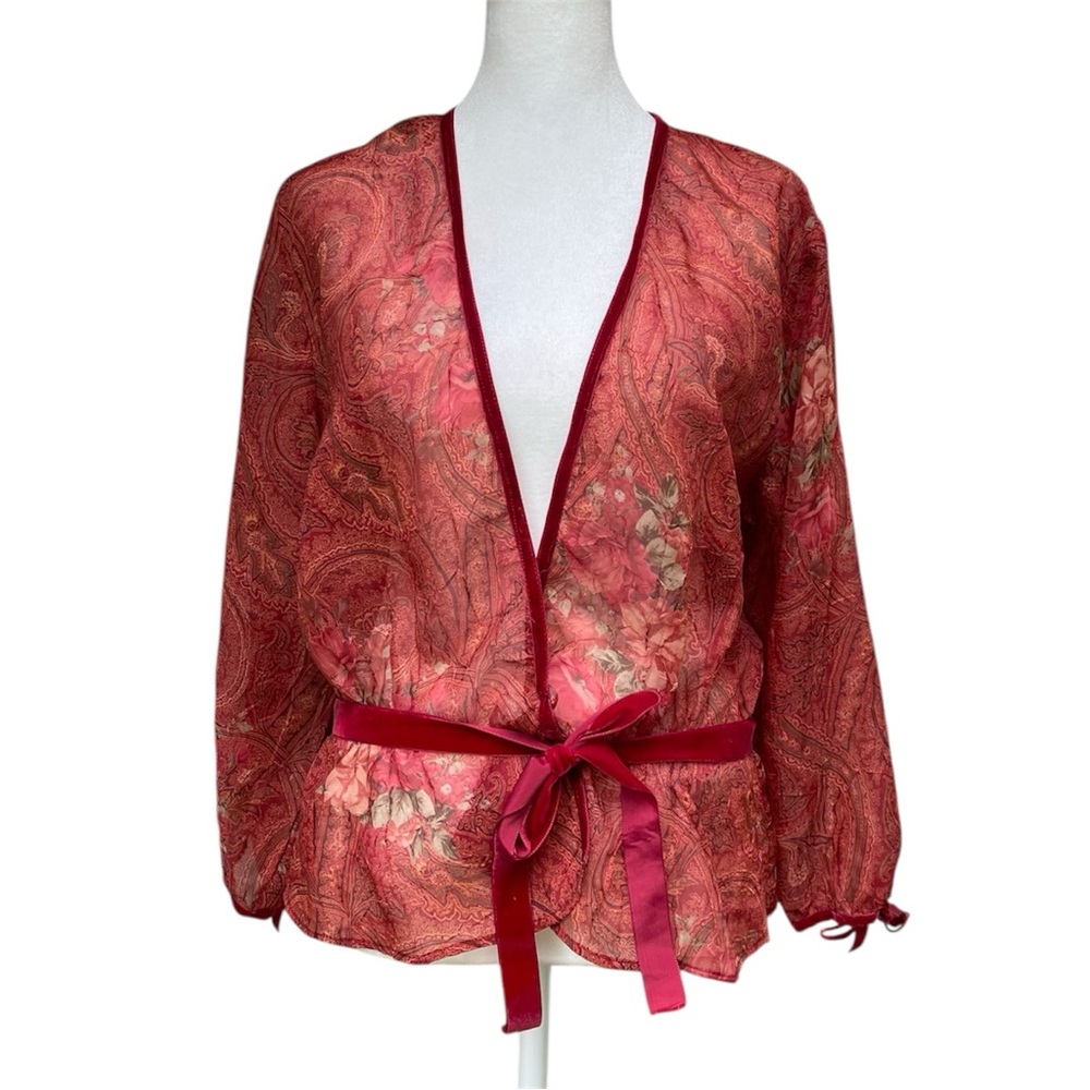 K Studio Vintage Red Sheer Rose Print Tie Waist Top